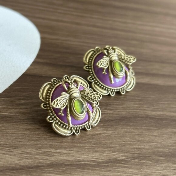 Gold and Purple Bee  Earrings Q389 - Picture 3 of 5